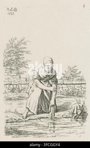 Washing woman from Hainaut, Farmers and farmwives from the United Kingdom of the Netherlands, print, Series number, 4, 6, A kneeling woman from Hainaut is doing the laundry at the edge of a pool. Proof print of the fourth print in a series of six prints depicting various farmers and farmwives from the United Kingdom of the Netherlands., printmaker: Anthonie Willem Hendrik Nolthenius de Man, Nijmegen, The Hague, 1828, paper, etching, proof print, height 149 mm x width 92 mm, laundering, kneeling figure - AA - female human figure, Hainaut, United Kingdom of the Netherlands., A monochrome line Stock Photo