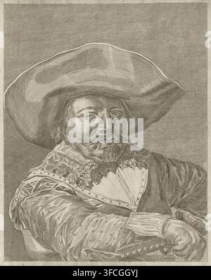 Portrait of a man in 17th-century costume, print, printmaker: Pieter de Mare, Leiden, after painting by Frans Hals, 1768 - 1796, paper, etching, engraving, height 332 mm x width 275 mm, head-gear: hat (+ men's clothes)., A detailed black-and-white etched portrait of a man shown from the chest up wearing a large, wide-brimmed hat with visible texture lines, a full mustache and beard, and slightly wavy hair at his temples. He has a layered collar with an ornate lace edge and a decorated garment with folds and buttons; one sleeve appears loose and gathered while his other arm is crossed over his Stock Photo