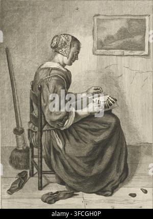 Lacemaker, print, printmaker: Pieter de Mare, Leiden, after design by Caspar Netscher, 1768 - 1796, paper, etching, engraving, etching and engraving, height 247 mm x width 175 mm, lace making., A seated woman shown in profile works with a small handheld object held over her lap, her hands arranging slender items on a board; she wears a patterned headscarf and a plain dress with rolled sleeves and a gathered apron, and her posture is slightly hunched forward. She sits on a simple wooden chair with a broom leaning beside it and a pair of slippers and a single shoe on the floor nearby. The room Stock Photo