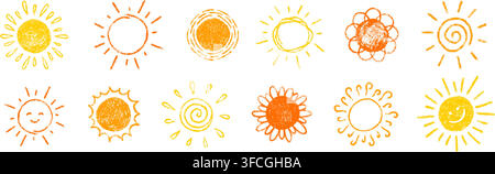 Crayon drawn yellow and orange naive sun icons set. Cute kid drawing. Crayon pencil doodle sun. Childish design element. Hand drawing chalk scribble Stock Vector