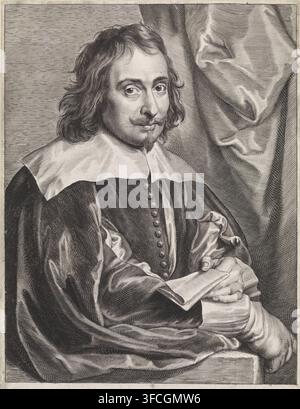 Portrait of Balthasar Gerbier, at the age of 42, print, printmaker: Paulus Pontius, Antwerp, after painting by Anthony van Dyck, 1634, paper, engraving, gravure, proof print, height 259 mm x width 181 mm, Person, Balthazar Gerbier d'Ouvilly, letter, envelope., A black-and-white engraved portrait showing a seated man with shoulder-length wavy hair, a narrow mustache and pointed beard, looking toward the viewer. He wears a dark robe with a wide, light-colored collar and a row of buttons down the front, and his hands rest on a closed book. The background includes a draped curtain with visible Stock Photo