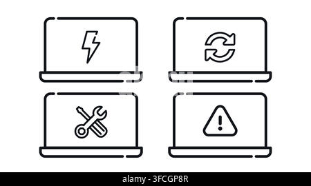 Laptop maintenance and notebook performance computer vector icons set. Black line art style on white background. Stock Vector