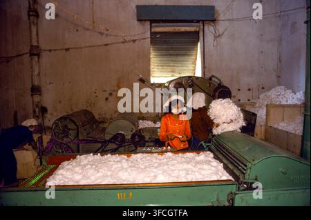 Women working at  Weaving Factory No. 5 producing cloth and other woven products, Phnom Penh, Cambodia, Sept 1988 Stock Photo