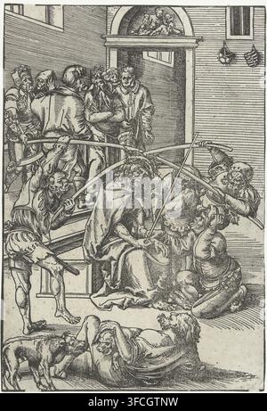 Crowning with Thorns, Passion of Christ, print, book illustration, Pilate's soldiers have crowned the seated Christ with a crown of thorns, put a robe on him, and placed a scepter in his hand. Two soldiers press the crown with large thorns firmly onto Christ's head with two sticks. A man kneels before him while mockingly sticking out his tongue; another man lies sprawled on the ground with two dogs while he watches, laughing. In the background stand various men of the court. Against the wall in the upper right hang the electoral and ducal coats of arms of Saxony on two shields., printmaker: Lu Stock Photo