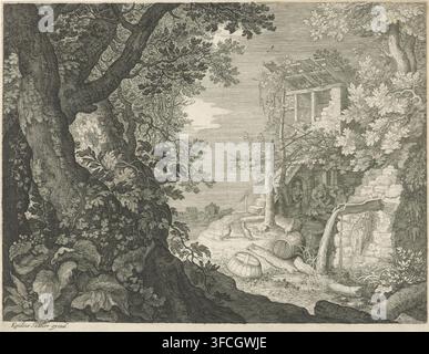 Drinking men in an inn, Six landscapes, print, Drinking men at the stairs of a dilapidated inn on the edge of a forest. A few trees in the front left. The fifth print in a six-part series with landscapes., printmaker: Aegidius Sadeler (II), Prague, after design by Roelant Savery, 1597 - 1629, paper, etching, engraving, engraving and etching, height 220 mm x width 282 mm, inn, coffee-house, public house, forest, wood., A detailed black-and-white engraving showing a wooded riverside scene with large, gnarled tree trunks and abundant foliage in the foreground that frame a view toward a ruined bui Stock Photo