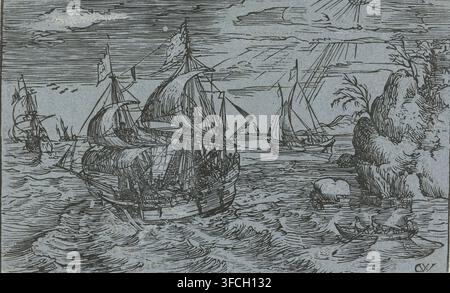 Ships off a coast, print, A large ship off a coast. On the right in the foreground, three people are rowing in a small dinghy towards the beach. In the background, a number of other sailing ships. The sun breaks through the clouds in the upper right., printmaker: Hendrick Goltzius, Haarlem, printmaker: Cornelis Claesz van Wieringen, publisher: Willem Janszoon Blaeu (possibly), Amsterdam, 1605 - 1620, paint (coating), paper, deck paint, chiaroscuro woodcut, clair-obscur woodcut, line block on blue paper, heightened with white opaque paint, height 136 mm x width 215 mm, sea (seascape)., A Stock Photo