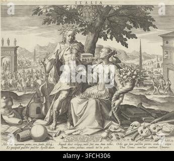 Italy, with Venus and Apollo, Allegorical representations of European countries, print, An allegory of Italy. In the center, under a tree, the gods Venus (love) and Apollo (the arts). Venus holds the horn of plenty in her hand. On her lap, the five crowns of Italy. Apollo with a viola da gamba (music) in his right hand and a stack of books in his left hand (poetry). On the ground, masks, musical instruments, books, and other objects for sports and games. In the background on the left a triumphal entry, on the right some musicians and a horse race., printmaker: Johann Sadeler (I), Munich, after Stock Photo
