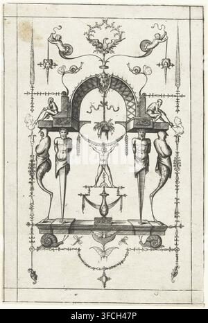 Architectural fantasy, an arch decorated with diamonds carried by four herms, Leviores et ut videtur extemporaneae picturae quas grotteschas vulgo vocant, print, ornament print, Under the arch stands on a platform who extends both arms to the garland hanging above him. From a series of 20 sheets., printmaker, after design by, publisher, Italy, paper, etching, engraving, etching and engraving, height 187 mm x width 125 mm, First edition (Fuhring, 1989)., An intricate black and white line drawing fills the page with a symmetrical ornamental composition featuring a central arch topped by a herald Stock Photo