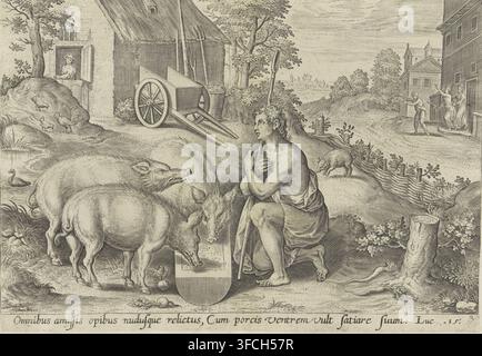 The Prodigal Son as a Swineherd, Thesaurus sacrarum historiarum veteris testamenti, Parable of the Prodigal Son, print, The Prodigal Son has squandered his inheritance and works for a farmer as a swineherd. He kneels by the pigs and eats with them from the feeding trough. On the right in the background, the Prodigal Son is being chased out of the brothel because his money has run out. Below the image is a reference in Latin to the Bible text in Luke. 15., inscription: 'Apres avoir tout dissippè, etant all nud, l'enfant prodigue pour appaiser sa faim na d'autre nourriture que celle des porceaux Stock Photo