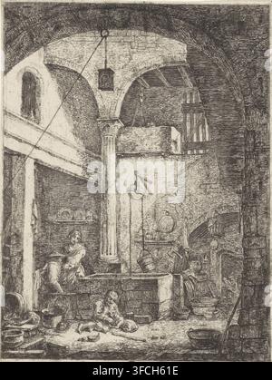 Two women by a well in a courtyard, print, Two women stand by a well in a courtyard, one with a bowl of food in her hand, the other by a basket. A boy leans against the well, a dog beside him. In the background, a view into an interior with men at a table., printmaker: Thomas Wijck, 1626 - 1677, paper, etching, height 157 mm x width 119 mm, courtyard, well., An interior scene rendered in fine dark lines showing a vaulted stone space with arches and a column supporting an arch, a hanging lamp suspended from the ceiling, a balcony-like ledge with a railing and wooden beams, and a ladder or Stock Photo