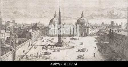 A wide city square seen from an elevated vantage, dominated by a tall obelisk at the center set on a circular base, with a pair of large domed church buildings flanking the obelisk and facing the square. The square is paved and contains scattered groups of people walking, standing, and interacting, along with several horse-drawn carriages and small carts. Long rows of multi-story buildings line both sides of the square, with a high wall and trees visible to the left and a continuous façade of buildings to the right. The background shows an extensive urban skyline of rooftops, towers, and Stock Photo