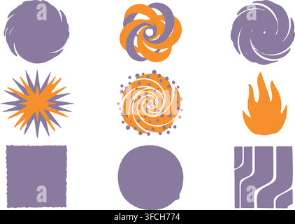Abstract purple and orange spiral shapes and geometric icons for creative branding pattern design and backgrounds. Stock Vector
