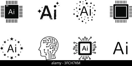 Artificial intelligence digital technology and machine learning icon set with various shapes for data processing. Stock Vector