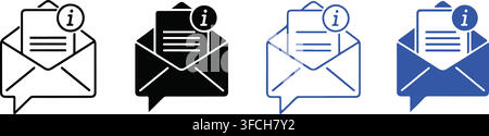 Black and blue envelope icons with information symbols for email notifications and messages. Stock Vector