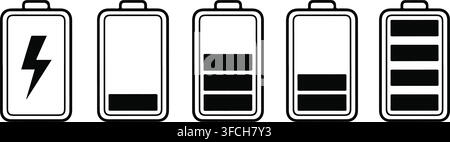 Battery charge level indicators showing full empty and partial power status for electronic devices and energy consumption. Stock Vector