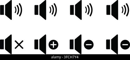 Audio volume speaker control interface icons collection with mute plus and minus signs for media player management. Stock Vector