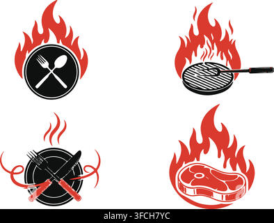 Barbecue grill and meat steak symbols with red fire flames representing spicy cooking and hot restaurant menu icons. Stock Vector