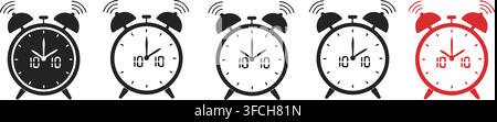 Black and red ringing alarm clock set showing ten past ten with sound waves representing wake up reminders. Stock Vector