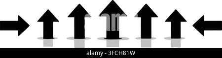 Black arrow direction icons set with upward movement and side pointing symbols for infographics and wayfinding use. Stock Vector