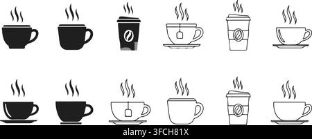Black and white coffee and tea cup icons with steam in thin line and solid flat styles for cafe menu designs. Stock Vector