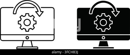 Black line and filled computer monitor with gear and curved arrow, representing software update or system reload. Stock Vector