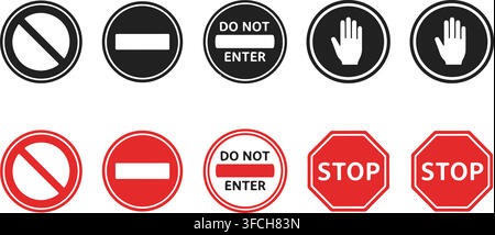 Black and red prohibition signs featuring hand gestures stop text and diagonal bars for access restriction. Stock Vector