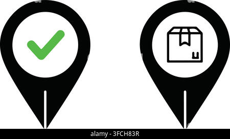 Black map pointer pin set with green check mark and parcel box inside for shipment delivery tracking application. Stock Vector
