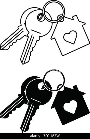 Black line art and silhouette house keychains icons set perfect for real estate branding and home security design. Stock Vector
