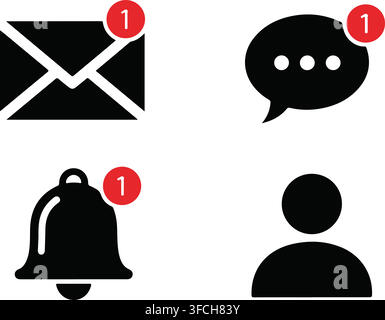 Black notification icons with red number badges on grey checkered background for mobile apps and web user interface. Stock Vector