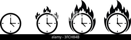 Burning clock icon sequence representing time management urgency and deadline pressure with fire flame illustrations. Stock Vector