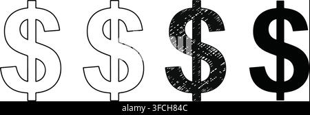 Black outline and textured dollar currency sign set on transparent background for banking business financial use. Stock Vector