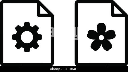 Black outline file documents with flower and gear symbols representing system settings and creative content template. Stock Vector