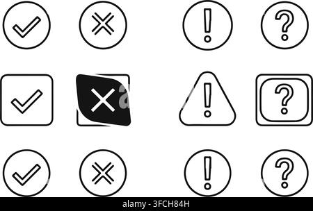 Black outline linear user interface notification icons set includes check mark cross exclamation and question mark. Stock Vector