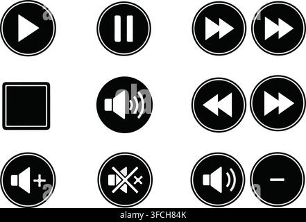 Black round media player UI icons with white outline and symbols set including play pause volume controls. Stock Vector