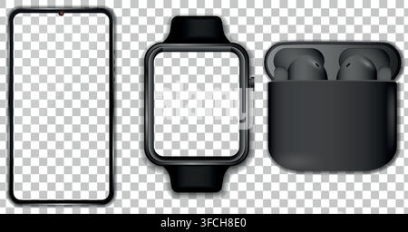 Phone, headphone, watch mockup. Smartphone, earphone, smart watch black illustration. Stock Vector