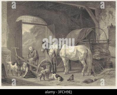 Stable with two figures and animals, print. A man is working on a machine. Next to him, a girl is sitting on the ground; she is feeding a goat. In the middle of the stable stand two horses, partially harnessed. Behind them a cart with straw., printmaker: Gerardus Johannes Bos, Netherlands, after painting by Wouter Verschuur (1812-1874), printer (person): Royal Dutch Lithographic Printing House of CW Mieling, The Hague, 1858, printer (person), paper, tone lithography, tone lithography in black with tone block in beige, height 255 mm x width 346 mm, horse, goat, barn, handicrafts, maintenance Stock Photo