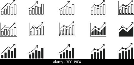 Business growth graph icons showing financial progress bar charts with upward arrow lines for success analytics. Stock Vector