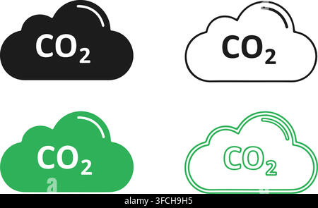 Carbon dioxide emission reduction flat linear cloud icon set for environmental awareness and ecological design. Stock Vector