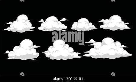 Cartoon white cloud shapes with transparent fill and grey shadows for weather forecast icons and sky background art. Stock Vector
