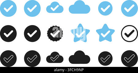 Check mark icon set in various shapes and colors for verification. Stock Vector