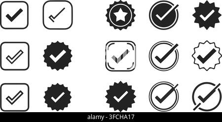 Checkmark icons and symbols representing confirmation success and approval in various designs for validation and verification. Stock Vector