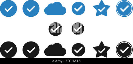 Collection of blue and black check mark icons in various shapes for approval and confirmation. Stock Vector