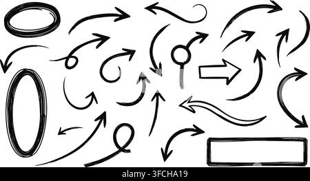 Collection of hand drawn sketchy arrows and frames in black on transparent background for design and annotation elements. Stock Vector