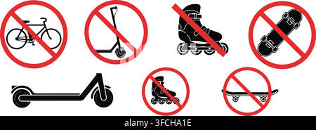 Collection of prohibition signs for bike, scooter, roller skates, and skateboard usage restrictions. Stock Vector