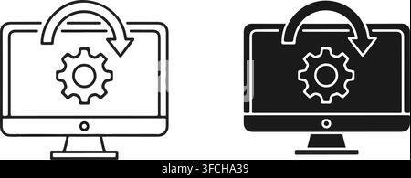 Computer monitor with gear and refresh arrow icon representing system update and software development. Stock Vector