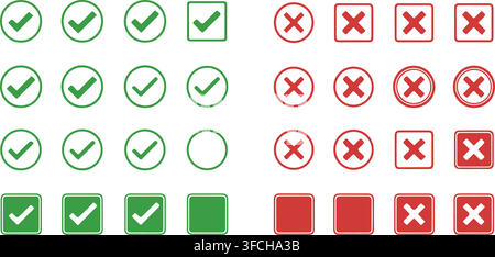 Comprehensive green checkmarks and red cross marks set in circular and square frames for validation interface. Stock Vector