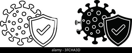 Coronavirus immunity shield icons set with outline and solid designs for medical protection and vaccine concepts. Stock Vector