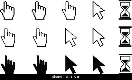 Computer cursor set featuring pointer arrow and hourglass icons in varied graphic styles for software interface use. Stock Vector