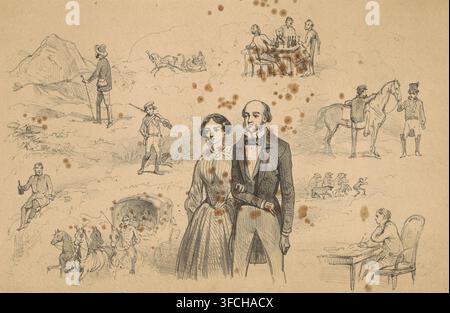 Couple surrounded by events from the past, Ten years later, print, The couple walks arm in arm. Below the image is a three-line caption referring to the man's life. The depictions possibly refer to his student days., printmaker: Carel Christiaan Antony Last, publisher: Pieter Willem Marinus Trap, Leiden, c. 1836 - 1876, Carel Christiaan Antony Last, Pieter Willem Marinus Trap, printmaker, publisher, paper, tone lithography, tone lithography in black with tone block in beige, height 190 mm x width 290 mm, student life, arm in arm (lovers)., A sepia-toned drawing showing a central couple standin Stock Photo