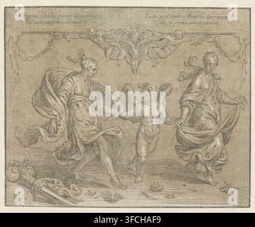 Cupid dancing with two allegorical female figures, print, Cupid dancing with two allegorical female figures. In the top margin two columns with two lines of Latin text each., printmaker, after design by, Netherlands, Paulus Moreelse, paper, chiaroscuro woodcut, black and brown chiaroscuro woodcut, printed from a wooden line block and from one wooden tone block, height 326 mm x width 376 mm, (story of) Cupid, Amor (Eros), dancing., A rectangular ink drawing on aged paper shows three partially draped figures holding hands and moving across a shallow ground; two taller, robed female figures flank Stock Photo